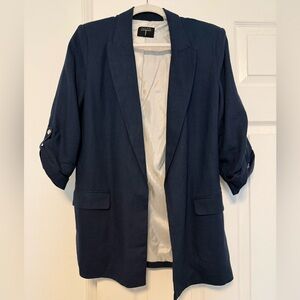 Tahari Dark Blue Linen Blazer with Rolled Sleeves